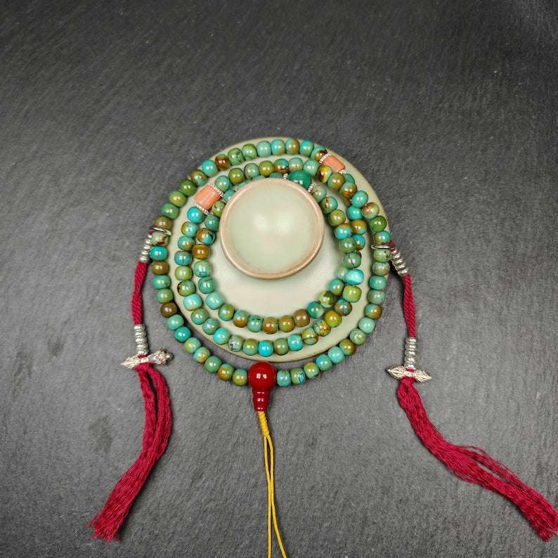 Gandhanra Old 108 Turquoise Beads Necklace Mala,Tibetan Prayer Beads for Meditation Practice ,Diameter 0.23", Circumference 24 inches
