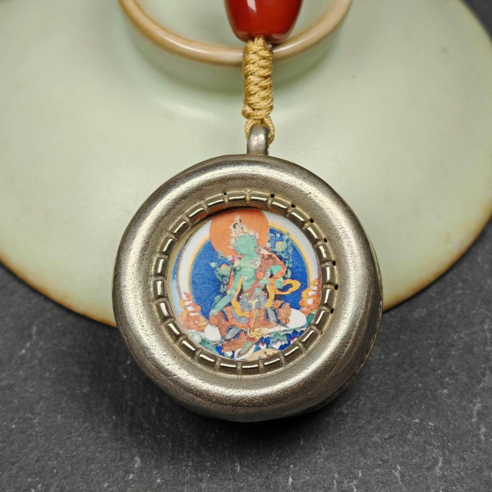 Antique Gau Ghau Shrine, Green Tara,Round Tibetan Buddhist Altar Amulet Pendant - Gandhanra-ART