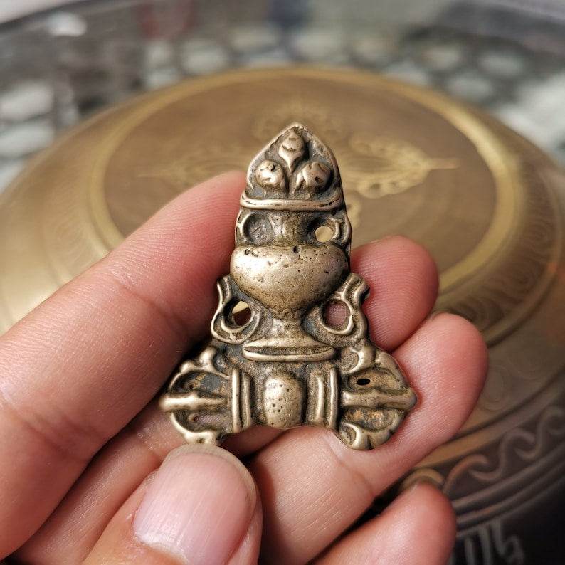 Buddhist Protective Amulet Pendant,Triratna Symbol Badge, Nubro,Made of Brass,60 Years Old - Gandhanra-ART