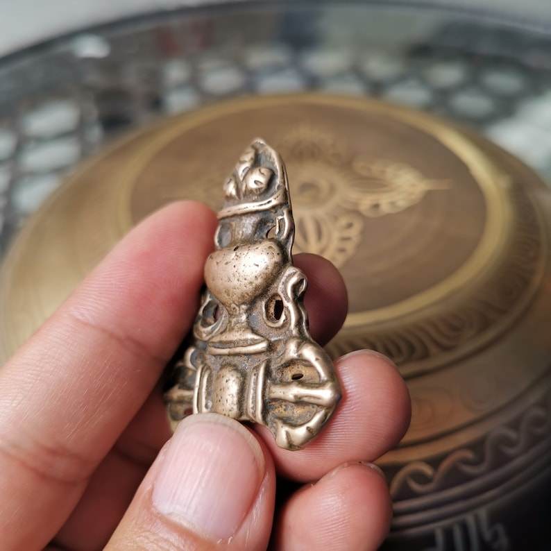 Buddhist Protective Amulet Pendant,Triratna Symbol Badge, Nubro,Made of Brass,60 Years Old - Gandhanra-ART