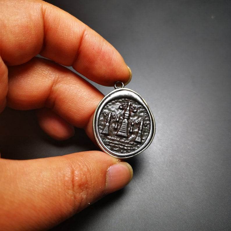 Antique Tibetan Buddhist Protective Pendant,Stupa,Pagoda,Buddhist Tower Amulet Badge,Made of Thokcha,inlaid with Sliver - Gandhanra-ART
