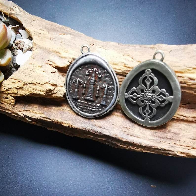 Antique Tibetan Buddhist Protective Pendant,Stupa,Pagoda,Buddhist Tower Amulet Badge,Made of Thokcha,inlaid with Sliver - Gandhanra-ART