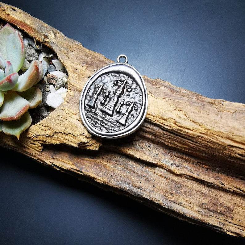Antique Tibetan Buddhist Protective Pendant,Stupa,Pagoda,Buddhist Tower Amulet Badge,Made of Thokcha,inlaid with Sliver - Gandhanra-ART