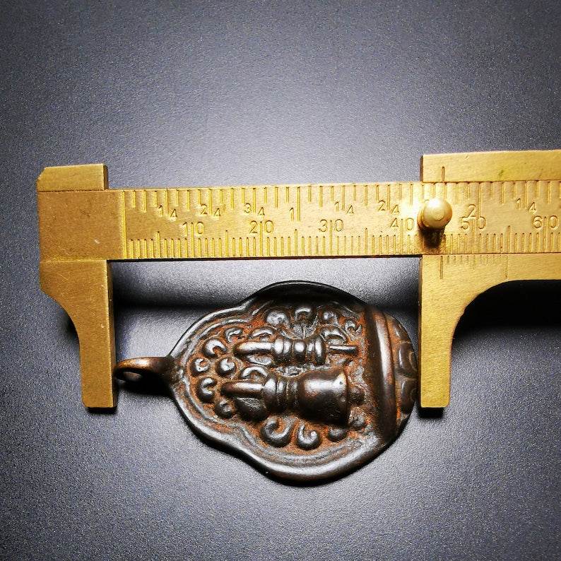 Buddhist Protective Amulet Pendant,A Tibetan vajra club and tribu bell ,80 years - Tibetan Buddhist amulet, size reference