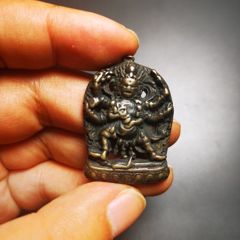 Gandhanra Antique Tibetan Thokcha Amulet Pendant,Mahakala, Buddhist Protector Deity, Made of Thunder Iron