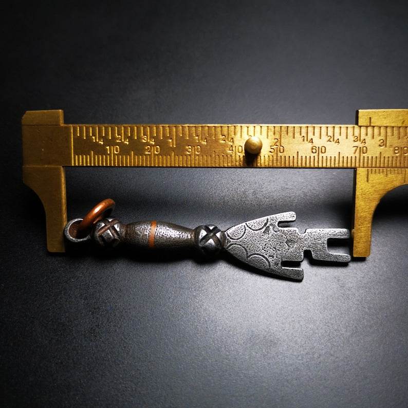 Buddhism Amulet, The Key of Heart Pendant, Made of Cold Iron - Tibetan Buddhist amulet, size reference
