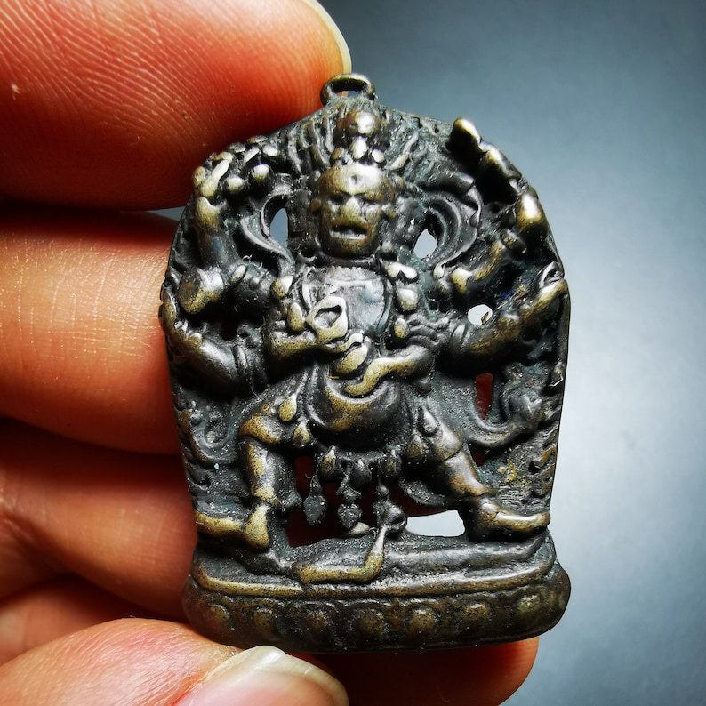 Gandhanra Antique Tibetan Thokcha Amulet Pendant,Mahakala, Buddhist Protector Deity, Made of Thunder Iron