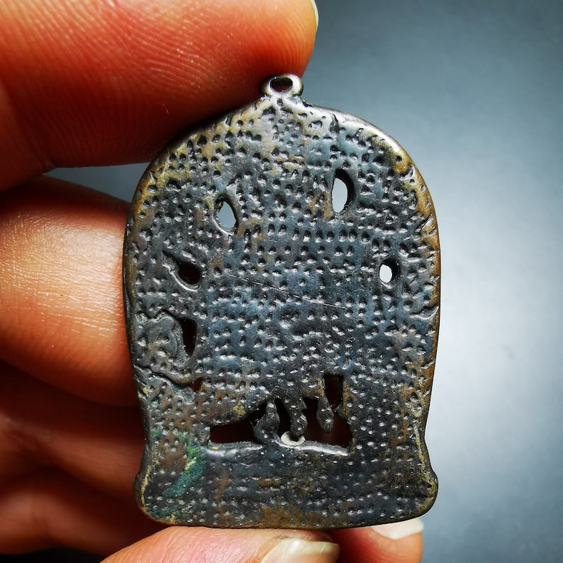 Gandhanra Antique Tibetan Thokcha Amulet Pendant,Mahakala, Buddhist Protector Deity, Made of Thunder Iron