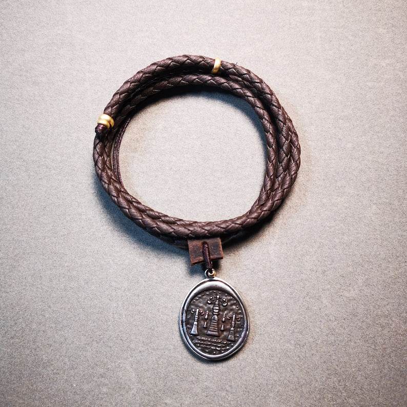 Antique Tibetan Buddhist Protective Pendant,Stupa,Pagoda,Buddhist Tower Amulet Badge,Made of Thokcha,inlaid with Sliver - Gandhanra-ART
