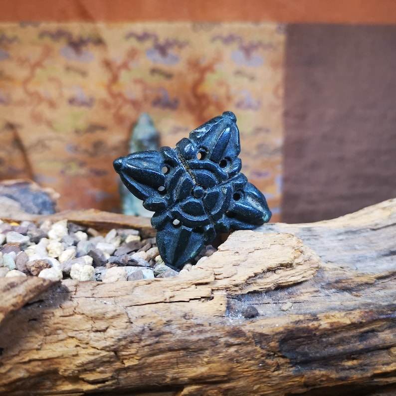 Hand Carved Cross Vajra Amulet Badge, Tibetan Buddhist Pendant, Made of Obsidian - Tibetan Buddhist amulet, size reference