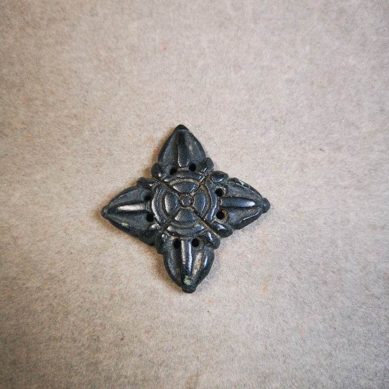 Hand Carved Cross Vajra Amulet Badge, Tibetan Buddhist Pendant, Made of Obsidian - Gandhanra-ART