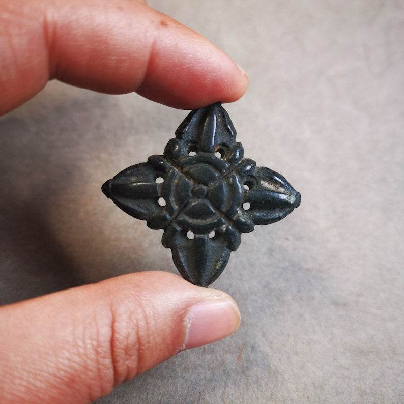 Hand Carved Cross Vajra Amulet Badge, Tibetan Buddhist Pendant, Made of Obsidian - Gandhanra-ART