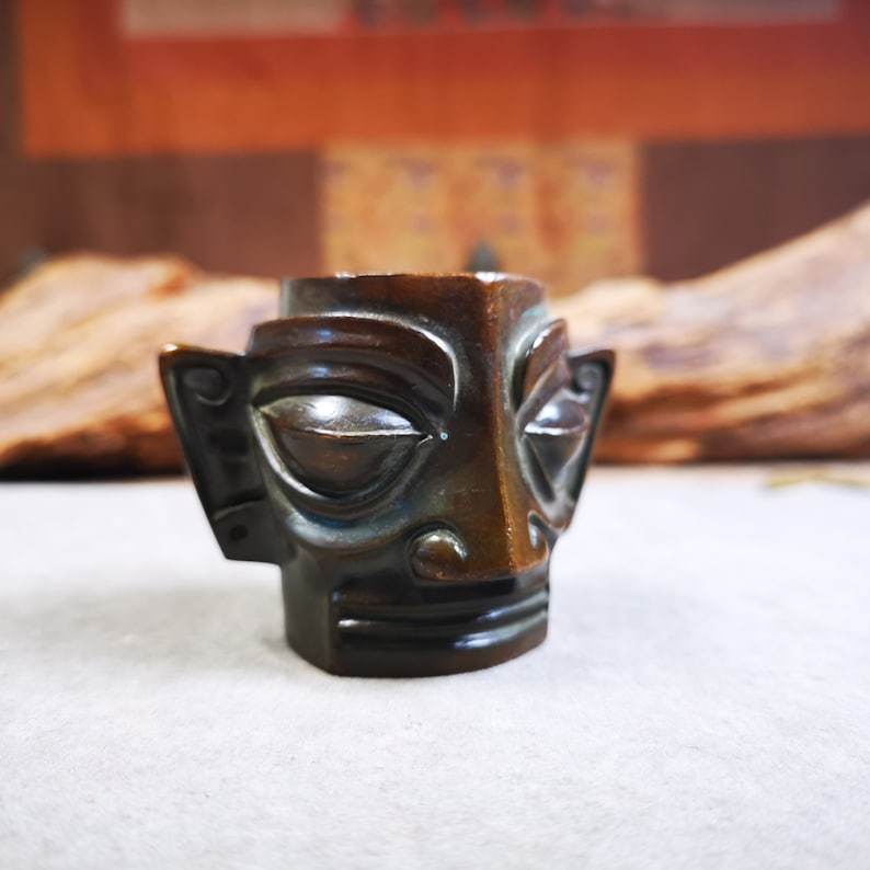 Replica Bronze Head Mask from Sanxingdui Ruins - Tibetan Buddhist art, size reference