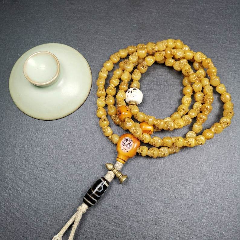 Hand-carved Tibetan Yak Bone Mala Beads Necklace,108 Beads for Meditation and Prayer - Gandhanra-ART