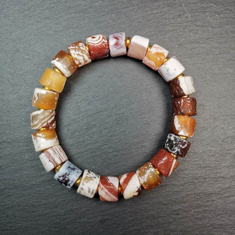 Sugar Agate Beads Wrist Mala, Unique 11mm Cylinder Carnelian Bracelet - Gandhanra-ART