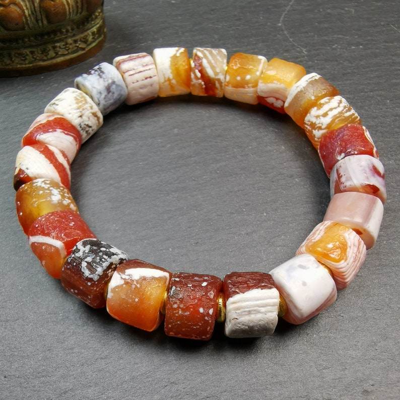 Sugar Agate Beads Wrist Mala, Unique 11mm Cylinder Carnelian Bracelet - Gandhanra-ART