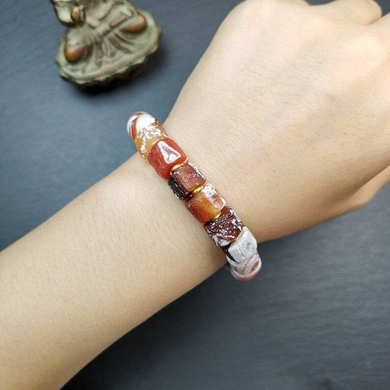 Sugar Agate Beads Wrist Mala, Unique 11mm Cylinder Carnelian Bracelet - Gandhanra-ART