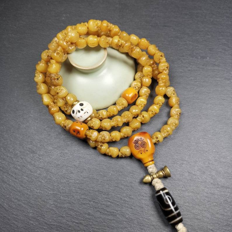 Hand-carved Tibetan Yak Bone Mala Beads Necklace,108 Beads for Meditation and Prayer - Gandhanra-ART