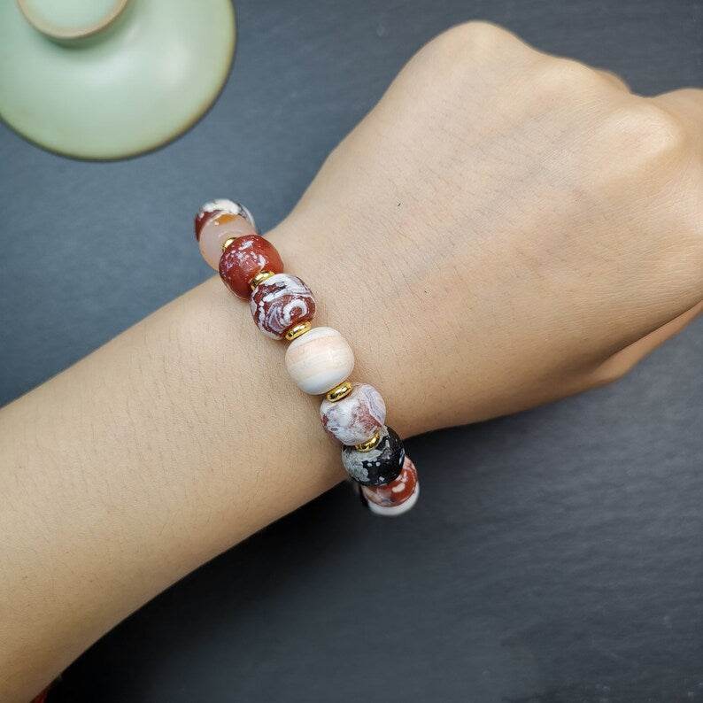 Sugar Agate Beads Wrist Mala, Carnelian Bracelet - Gandhanra-ART