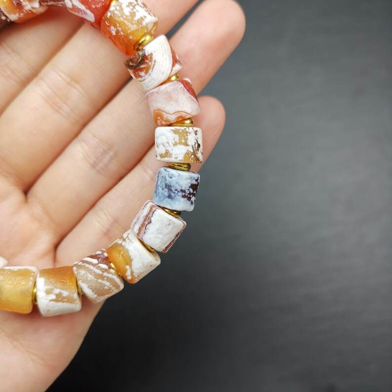Sugar Agate Beads Wrist Mala, Unique 11mm Cylinder Carnelian Bracelet - Gandhanra-ART