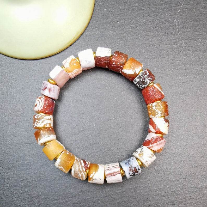 Sugar Agate Beads Wrist Mala, Unique 11mm Cylinder Carnelian Bracelet - Gandhanra-ART