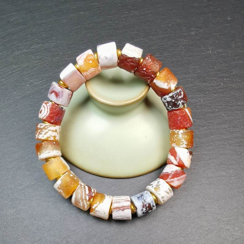 Sugar Agate Beads Wrist Mala, Unique 11mm Cylinder Carnelian Bracelet - Gandhanra-ART