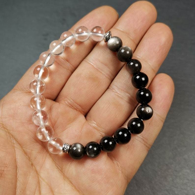Obsidian + Crystal Wrist Mala, Prayer Beads Bracelet - Gandhanra-ART