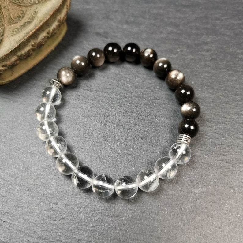 Obsidian + Crystal Wrist Mala, Prayer Beads Bracelet - Gandhanra-ART