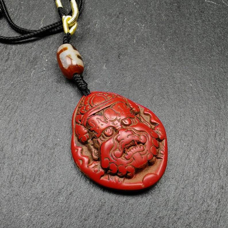 Old Cinnabar Mahakala Amulet with Dzi Bead - Gandhanra-ART