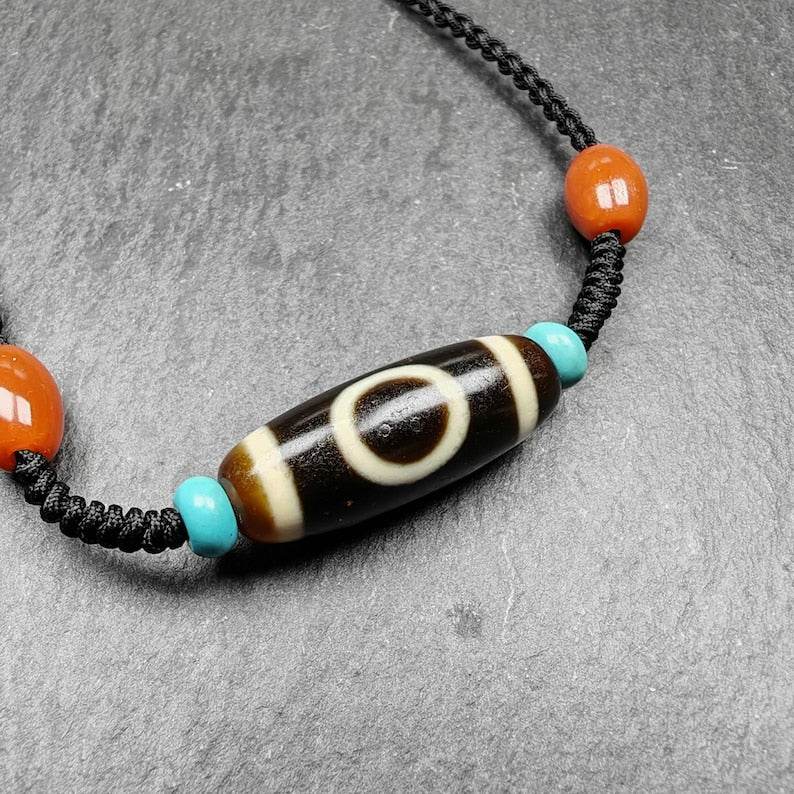Tibetan Sky & Earth Dzi Bead Necklace,29 x 11mm - Gandhanra-ART