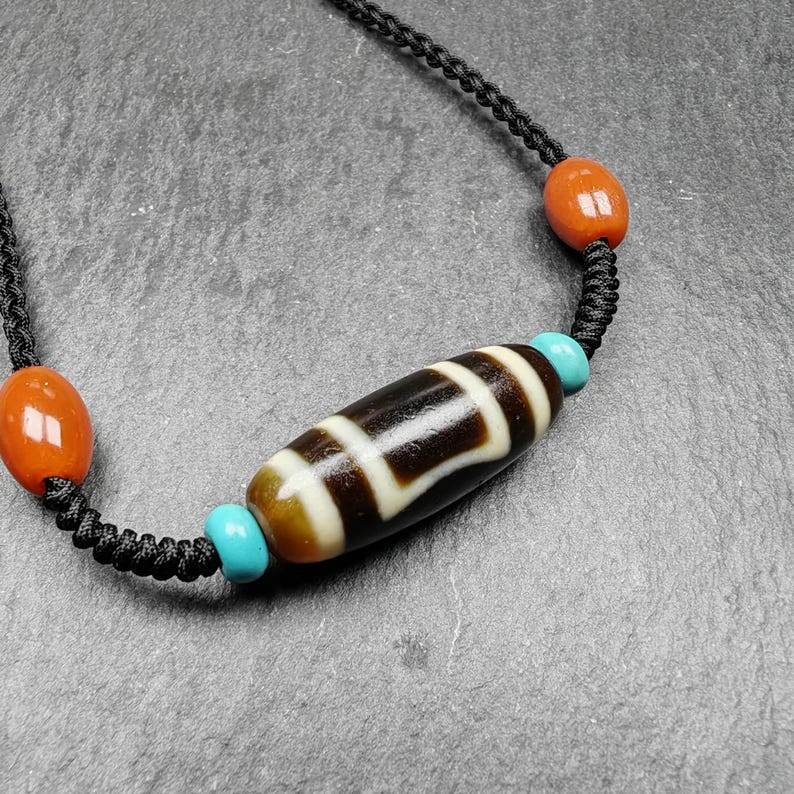 Tibetan Sky & Earth Dzi Bead Necklace,29 x 11mm - Gandhanra-ART