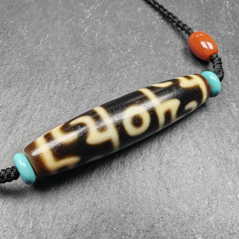 Tibetan Dzi Neckalce,Guru Rinpoche Three Realms Dzi Bead,53× 13 mm - Gandhanra-ART