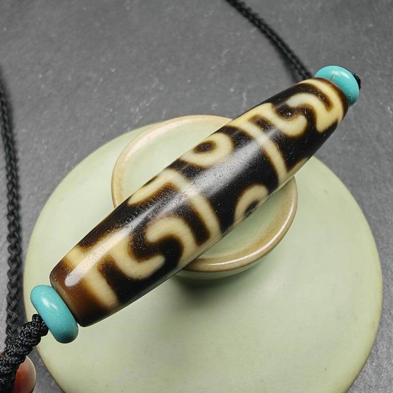 Tibetan Dzi Neckalce,Guru Rinpoche Three Realms Dzi Bead,53× 13 mm - Gandhanra-ART
