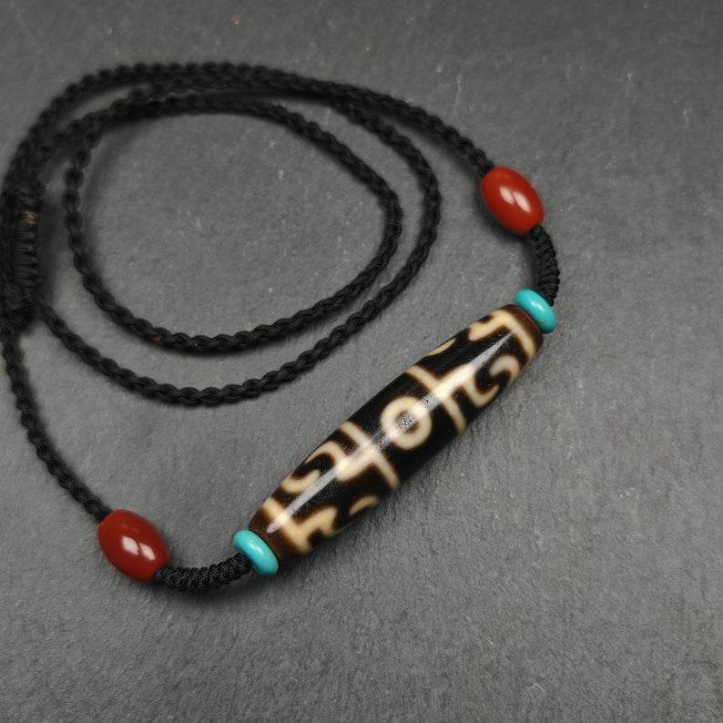 Tibetan Dzi Neckalce,Guru Rinpoche Three Realms Dzi Bead,53× 13 mm - Gandhanra-ART