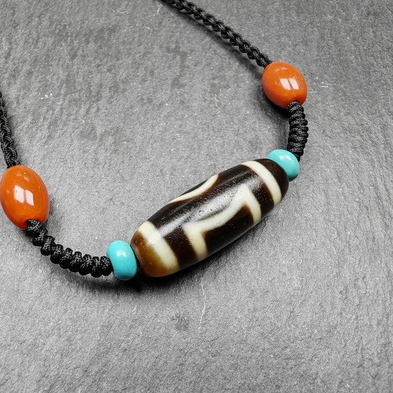 Tibetan Sky & Earth Dzi Bead Necklace,29 x 11mm - Gandhanra-ART