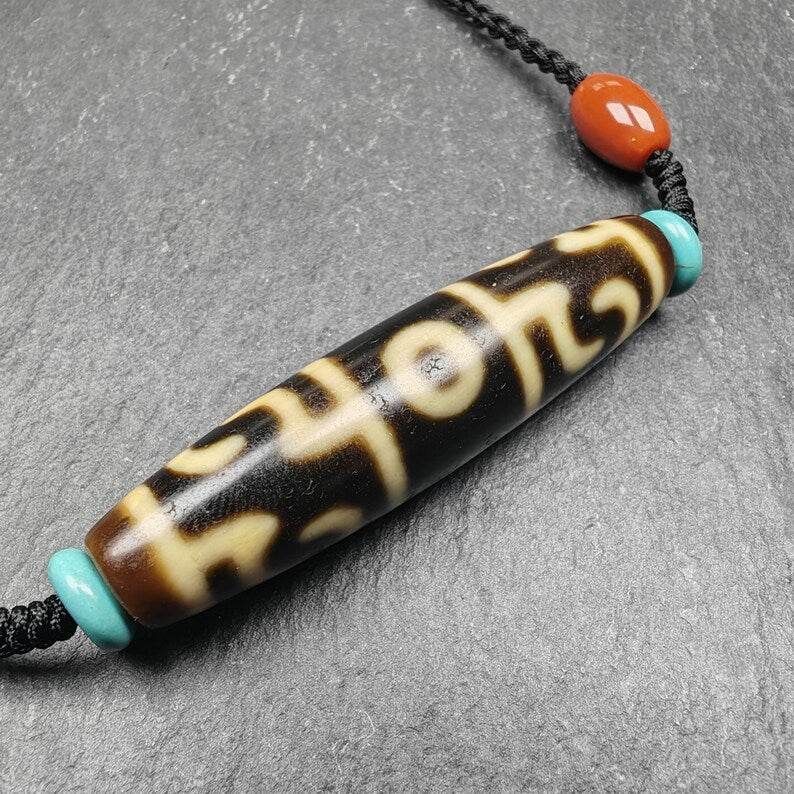 Tibetan Dzi Neckalce,Guru Rinpoche Three Realms Dzi Bead,53× 13 mm - Gandhanra-ART