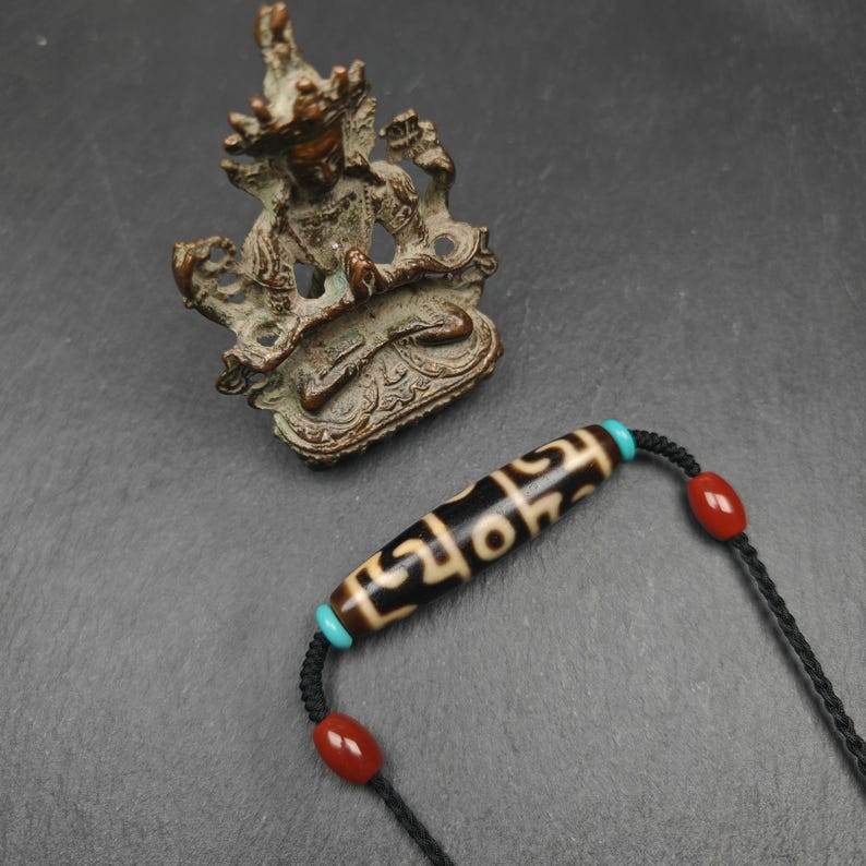 Tibetan Dzi Neckalce,Guru Rinpoche Three Realms Dzi Bead,53× 13 mm - Gandhanra-ART