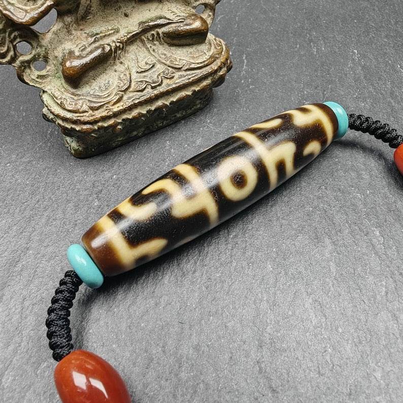 Tibetan Dzi Neckalce,Guru Rinpoche Three Realms Dzi Bead,53× 13 mm - Gandhanra-ART