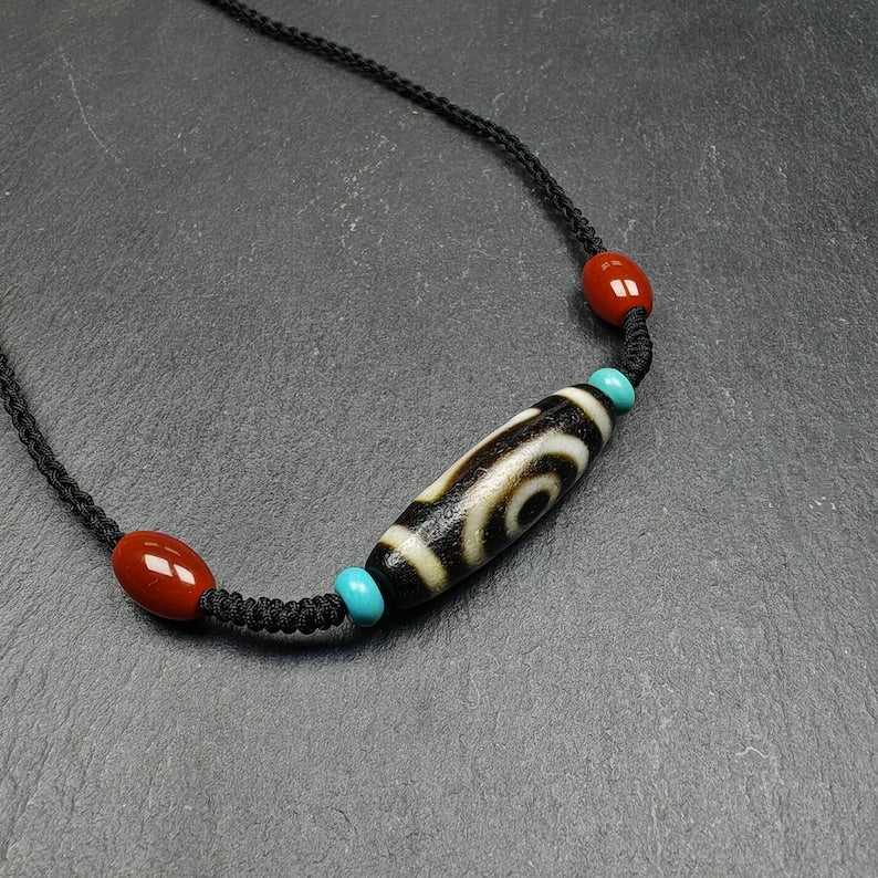 Dzi Bead Necklace,2 Eyes Heaven & Earth Dzi Amulet,36 x 11mm