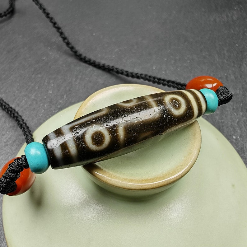 9 Eyes Dzi Bead Necklace,1.5" x 0.4"