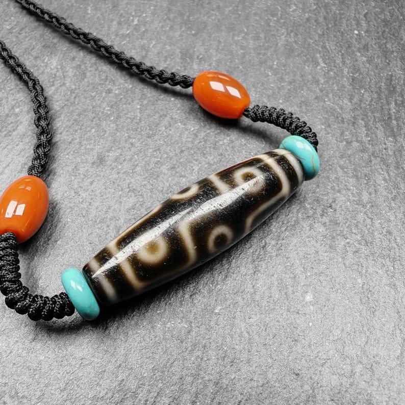 Tibetan 9 Eyes Dzi Bead Necklace | 1.5" x 0.4"