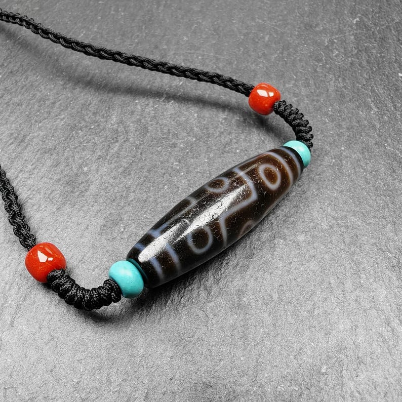 Tibetan 9 Eyes Dzi Bead Necklace,1.5" x 0.4"