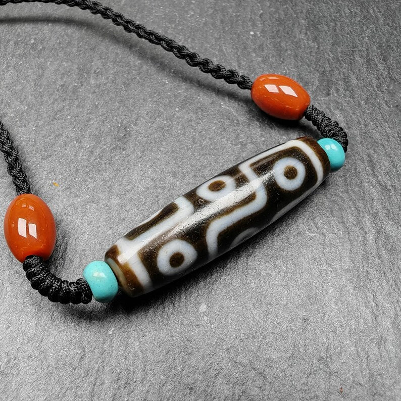9 Eyes Dzi Bead Necklace,1.6" x 0.4"