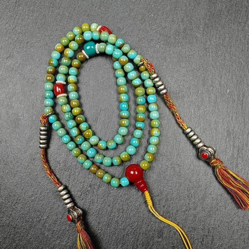 108 Turquoise Beads Necklace Mala,Tibetan Prayer Beads - Gandhanra-ART