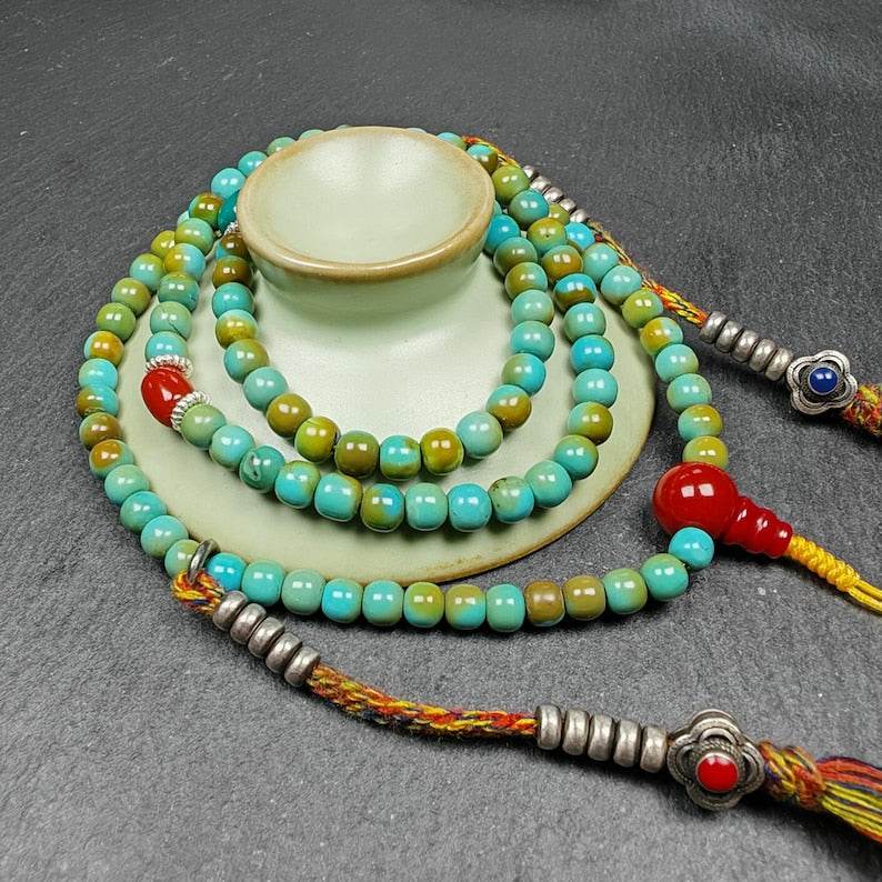108 Turquoise Beads Necklace Mala,Tibetan Prayer Beads - Gandhanra-ART