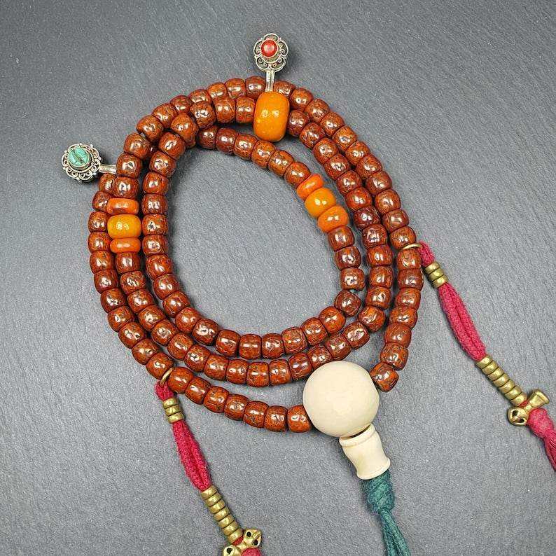 Tibetan 9+mm 108 Rudraksha Rosary, Old Necklace Mala - Gandhanra-ART