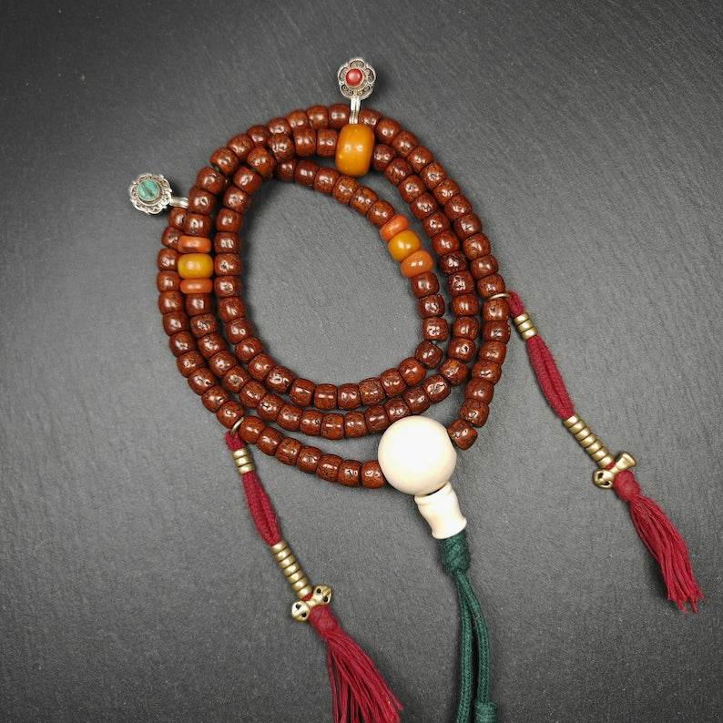 Tibetan 9+mm 108 Rudraksha Rosary, Old Necklace Mala - Gandhanra-ART