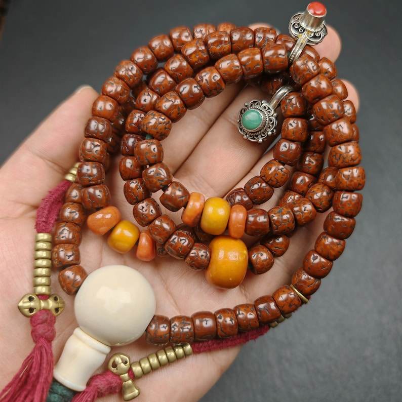 Tibetan 9+mm 108 Rudraksha Rosary, Old Necklace Mala - Gandhanra-ART