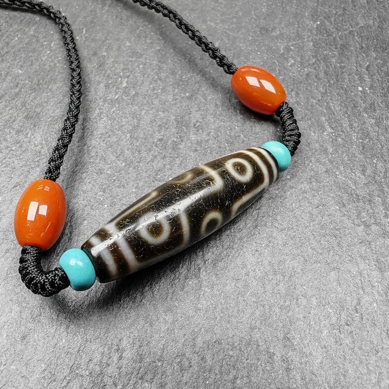9 Eyes Dzi Bead Necklace,1.5" x 0.4"