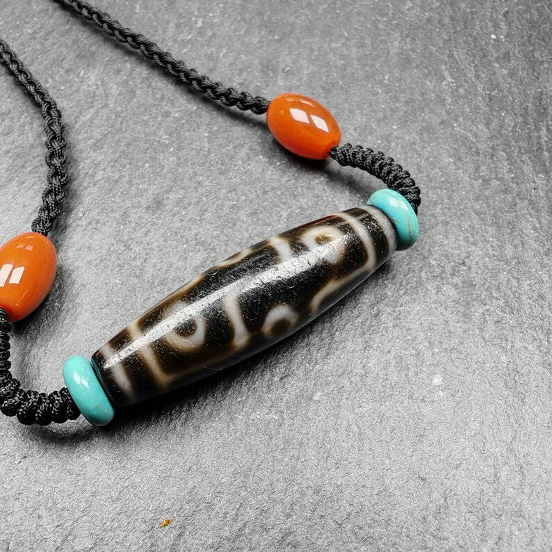 Tibetan 9 Eyes Dzi Bead Necklace | 1.5" x 0.4"